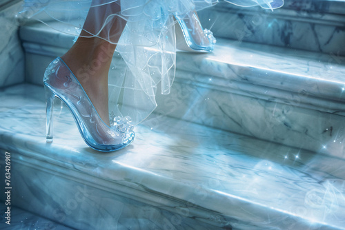 Close up of woman's feet in glass high heel shoes walking up stairs photo