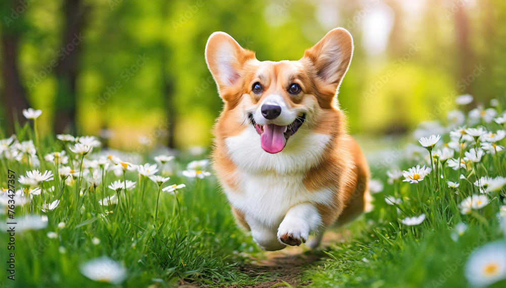 A dog pembroke welsh corgi with a happy face runs through the colorful lush spring green grass