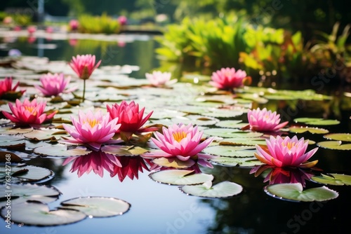 Tranquil pond surrounded by vibrant water lilies in bloom