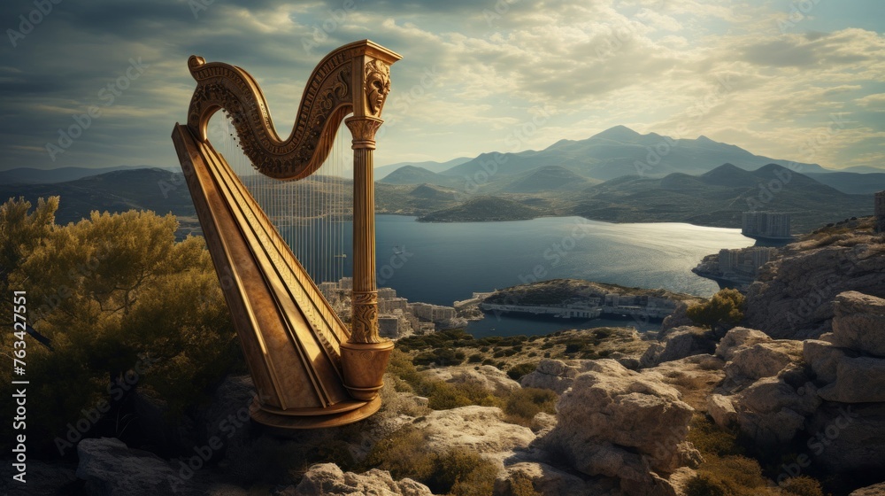 Greek lyre in Elysian Fields enchanting heroes and mythical beings - obrazy, fototapety, plakaty 