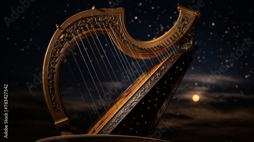 Suspended Greek lyre in starry sky music forms constellations celestial harmony photo