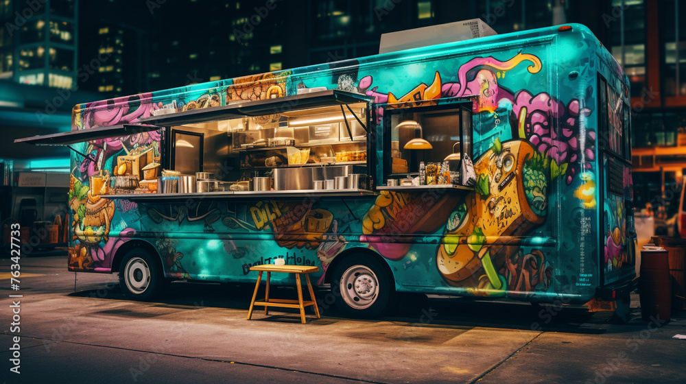Naklejka premium A image of a food truck with a diverse menu and vibrant street art as its backdrop.