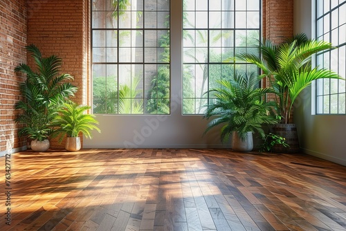Empty room of modern contemporary loft with plants on wooden floor. © interior