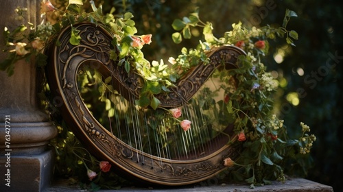Lyre with living vine and flower strings music transforms area into enchanted garden