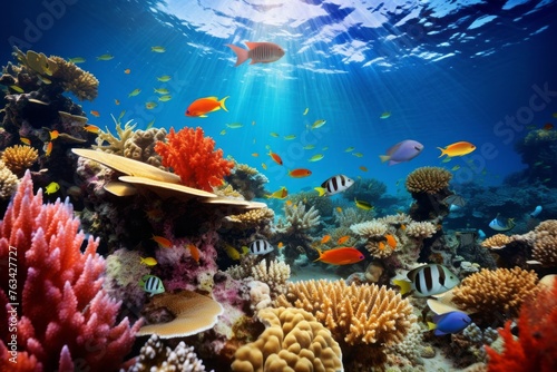 Vibrant coral reefs teeming with marine life in a tropical sea