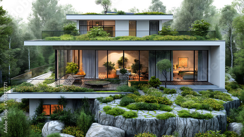 3d rendering of modern cozy house for sale or rent in luxurious style and beautiful landscaping on background. Clear summer evening with cozy light from window.
