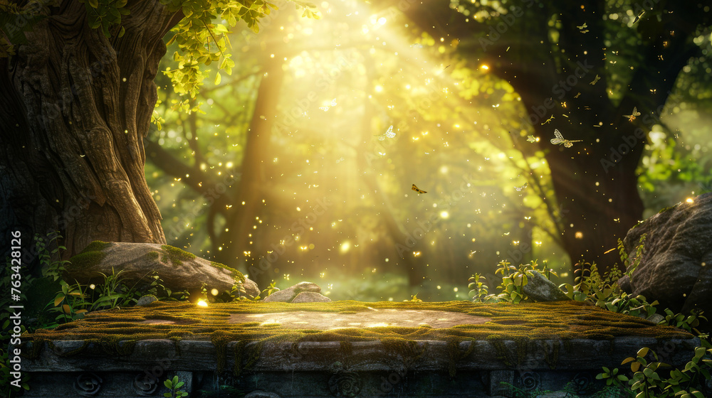 Naklejka premium A forest scene with a tree and a rock. The tree is surrounded by moss and the rock is covered in green plants. The sunlight is shining through the trees, creating a warm and peaceful atmosphere