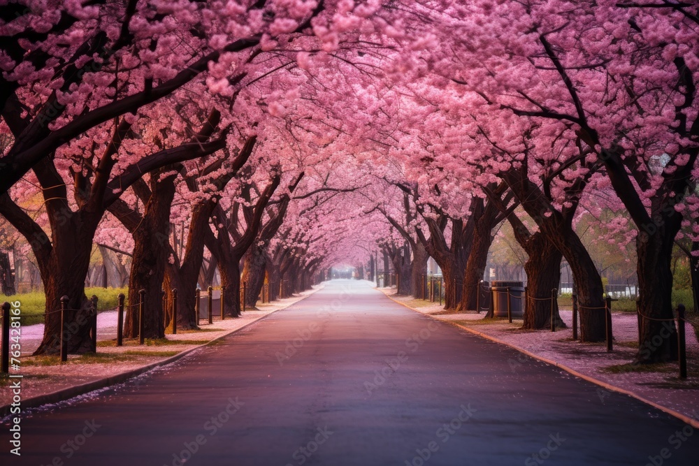 A road surrounded by cherry blossom trees in full bloom