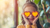 Photo of flirty short hairdo young girl cover eyes hearts wear colorful shirt isolated on vivid yellow color background ,Cute little girl with red hearts outdoors 