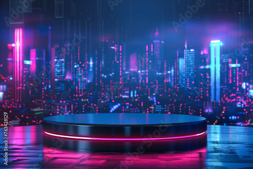 A futuristic cityscape with a large  round  black podium in the foreground. The city is lit up with neon lights  creating a vibrant and energetic atmosphere. The podium is surrounded by a glowing ring