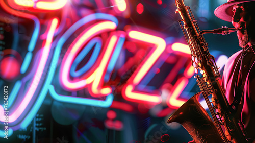 A jazz musician plays the saxophone in evening, against the backdrop of an illuminated neon "Jazz" sign. Jazz Appreciation Month, Club Life © ximich_natali