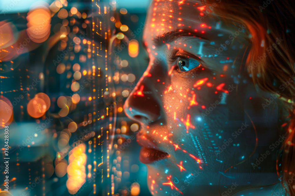 A woman's face is projected onto a screen with a city in the background. The image has a futuristic and technological feel to it, with the woman's face appearing as a hologram or projection - obrazy, fototapety, plakaty 