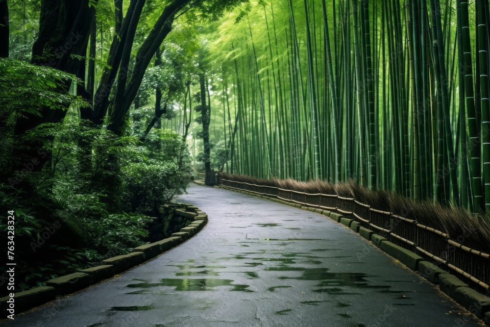A road through a serene bamboo grove, exuding tranquility A road through a serene bamboo grove, exuding tranquility