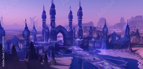 An aerial perspective of a navy blue high elf palace in a desert oasis showcasing detailed spires and arches in elven design with water channels weaving through under a lavender twilight sky