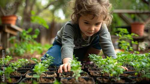 A young girl is planting seedlings in a garden. She is crouching down and reaching into the soil to place the seedlings in the pots