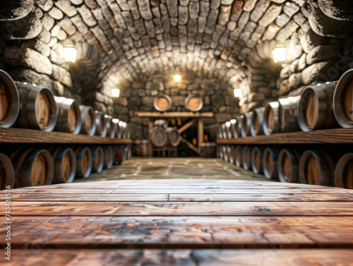 A cellar full of barrels of wine. The cellar is dark and the barrels are lined up against the wall