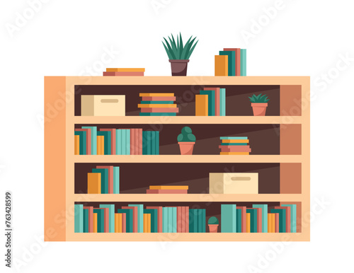Image of office furniture background. The image shows a bright bookshelf with a colorful cartoon design that combines creativity and functionality on a white background. Vector illustration.