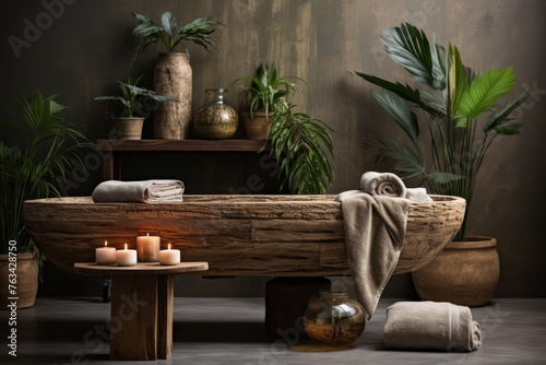 Wooden Bench With Candles and Towels