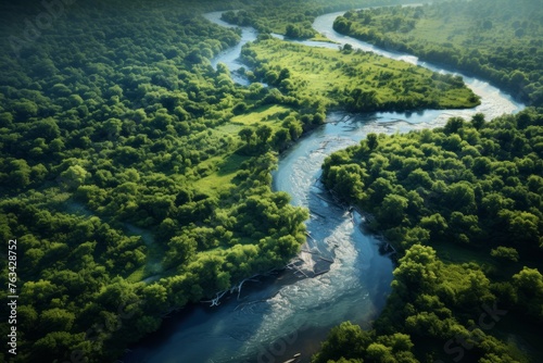 Aerial perspective of a picturesque river bend with lush vegetation