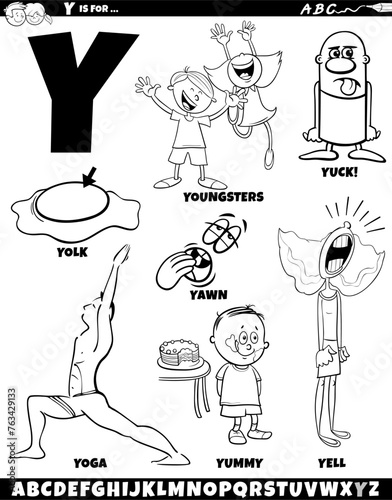 Letter Y set with cartoon objects and characters coloring page