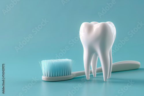  White Healthy Human Tooth With a Toothbrush on Blue Background
