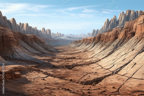 Barren landscape with deep fault lines revealing the dry, lifeless earth