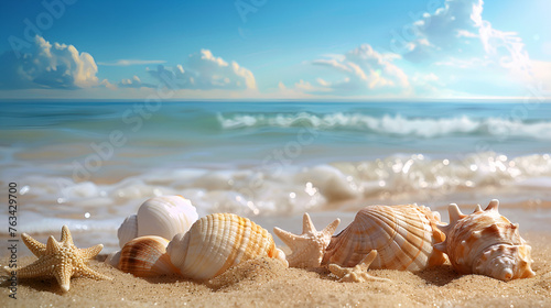 Seashells on ashore - beach holiday background