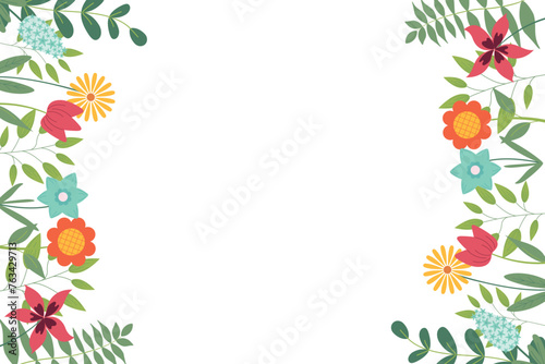 Hand sketched background, vector illustration. Borders with leaves and flowers for greeting card, invitation template in pastel colors on white background. Retro, poster, background.