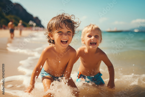 Generative AI portrait of cheerful charming girl having fun on summer vacation tropical beach