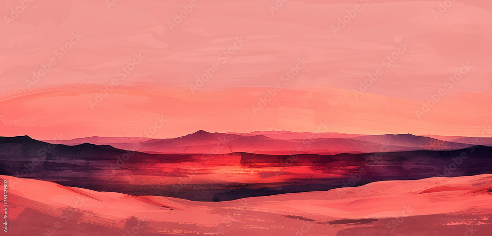 Artistic digital watercolor of a desert with fine burgundy sands under a gentle coral dusk sky - obrazy, fototapety, plakaty 