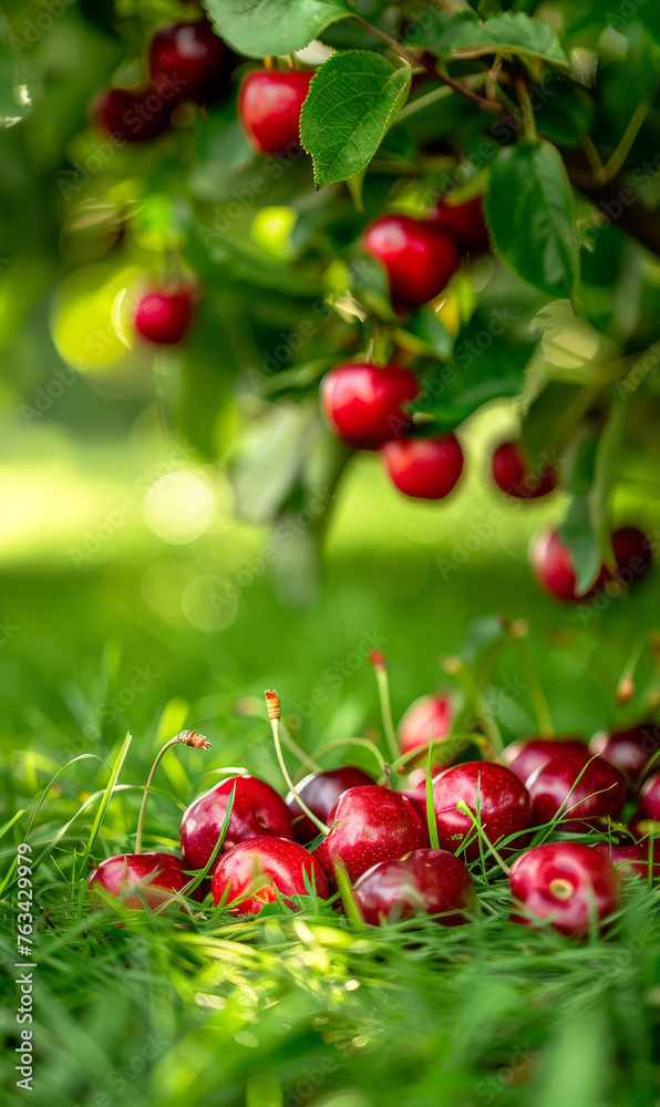 Obraz premium Sunlit ripe cherries hanging from a branch in an orchard.