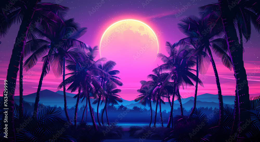 Neon vaporwave sunset with palm trees