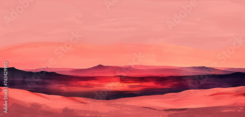 Artistic digital watercolor of a desert with fine burgundy sands under a gentle coral dusk sky © digi