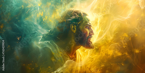 Illustration of religious theme with digital artwork depicting Jesus Christ and disciple in a spiritual atmosphere