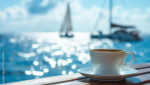 Cup of hot coffee on a wooden table with a view on yachts ©  ArtificialMango