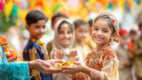 Children excitedly receiving Eidi, traditional gifts of money, from elders against a backdrop of Eid decorations for Eid al Fitr.