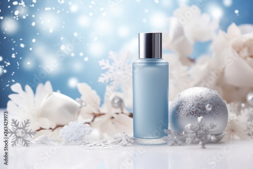 Feminine winter beauty product mockup with snowflakes  skincare items  and natural elements