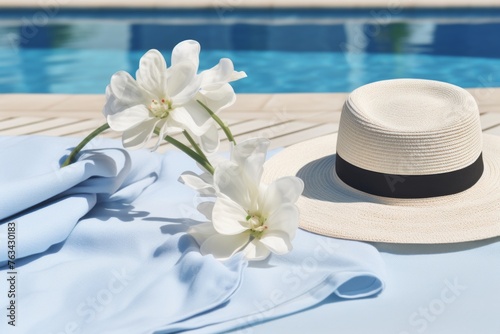 Relaxing poolside mockup with a sunhat  sunglasses  and a beach towel