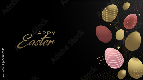 Elegant luxury premium, black and rose, gold, happy easter celebration. Abstract gold, rose easter eggs, wallpapers banner, editable vector. 