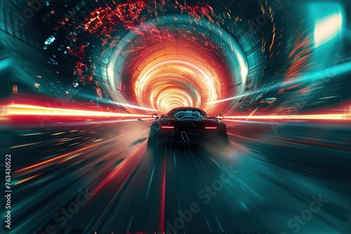 Car emerging from a dark tunnel, the world outside exploding into color and light with motion blur blurring the tunnel exit.