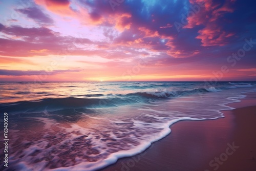 Tranquil ocean sunset sky background with gentle waves on the shore