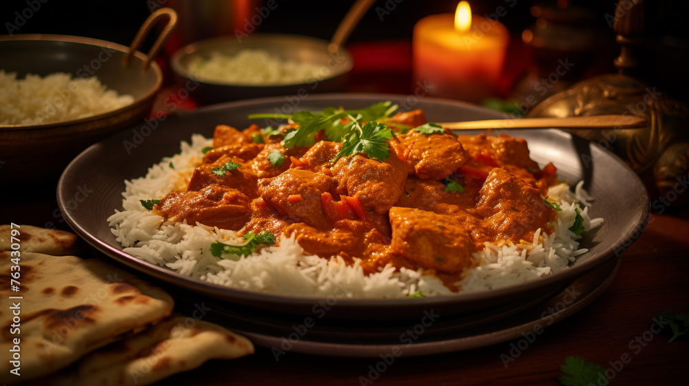 A  image of a vibrant and aromatic curry dish, with tender pieces of meat or tofu, served with basmati rice and naan bread.