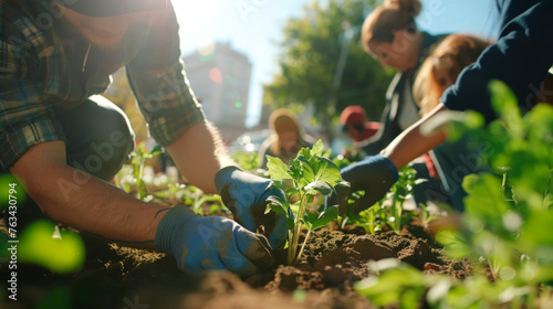 A community project with a group of people planting plants in an urban area.