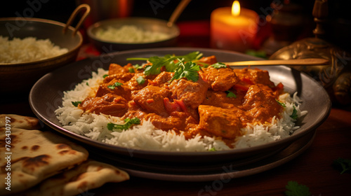 A image of a vibrant and aromatic curry dish, with tender pieces of meat or tofu, served with basmati rice and naan bread.