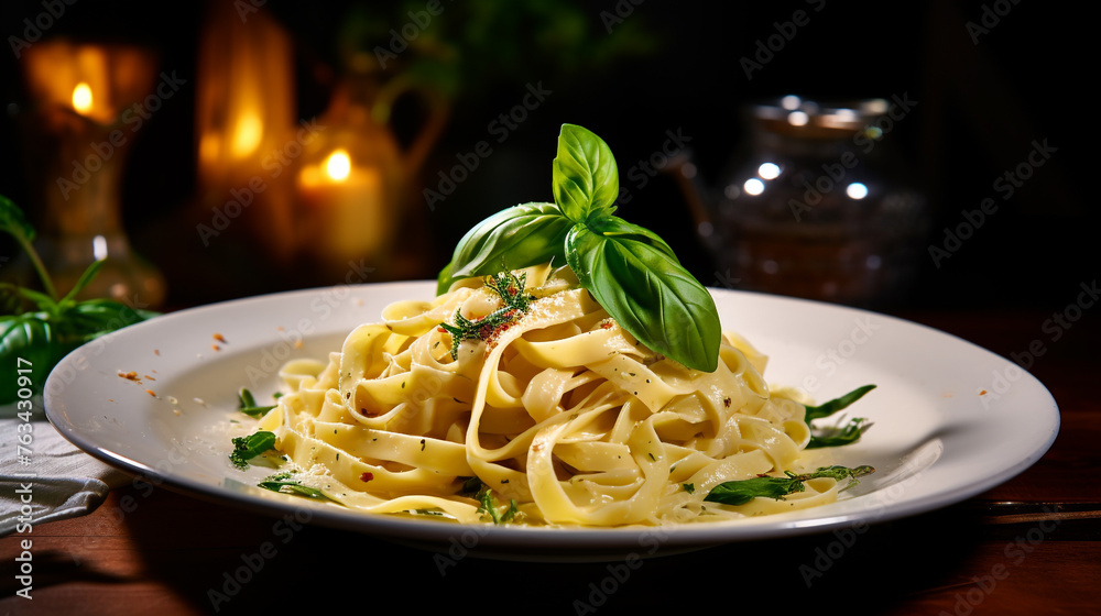 A photograph of a beautifully plated dish of creamy fettuccine Alfredo garnished with fresh basil leaves and grated Parmesan cheese, highlighting Italian pasta perfection.