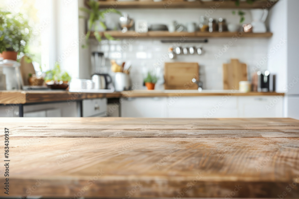Wooden table with blurred modern kitchen background. Empty countertop with copy space
