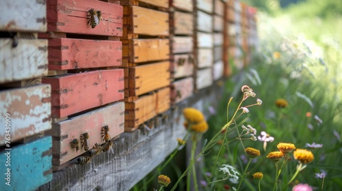 Beekeeping Apiary. Blossoming Hives with Busy Bees photo