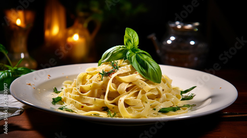 Obraz na płótnie A photograph of a beautifully plated dish of creamy fettuccine Alfredo garnished with fresh basil leaves and grated Parmesan cheese, highlighting Italian pasta perfection. w salonie