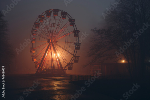 Generated AI picture of carnival with Ferris wheel in dark misty amusement park © Tetiana