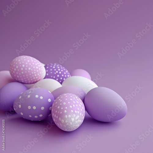 Purple and white easter eggs on a purple background with polka dot dots on the egg shell, with copy space text 